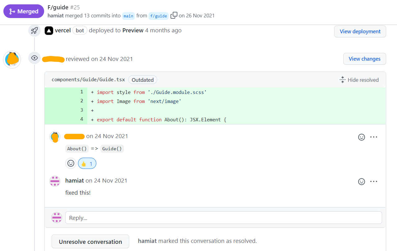 A screenshot of code review from github