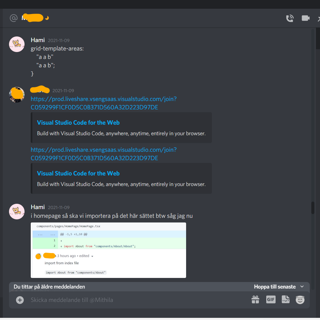 a screenshot of Discord conversation with a VSCode live share