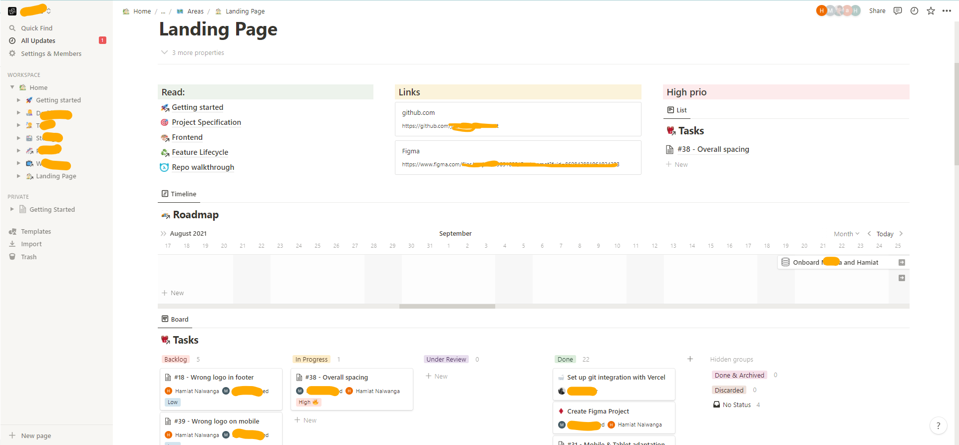 Notion workspace, a kanban board