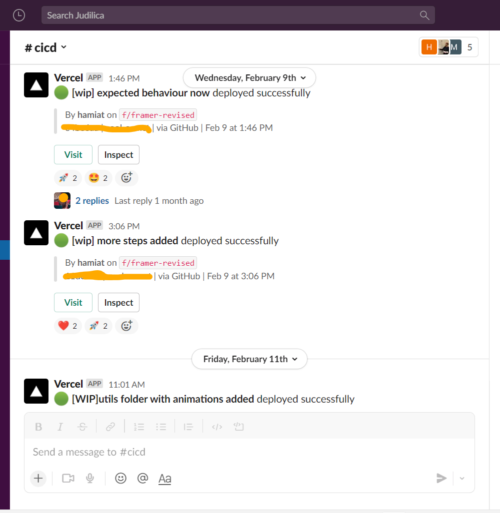Slack board with automated deployment messages